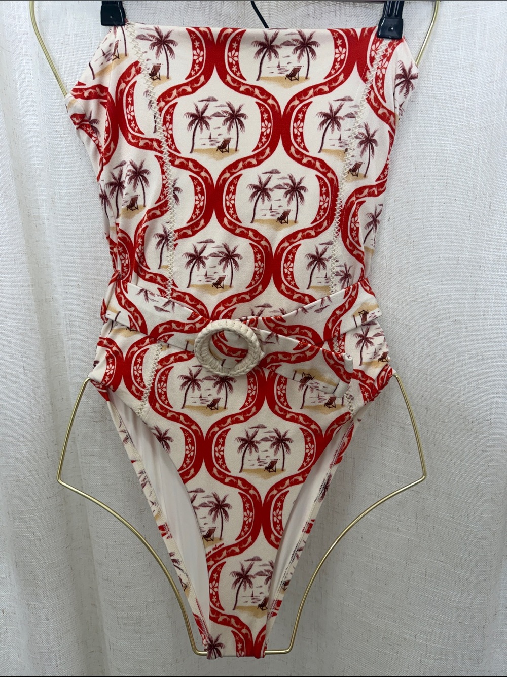 Farm Rio One-Piece Belted Strapless Swimsuit in Red and Cream with Palm Print